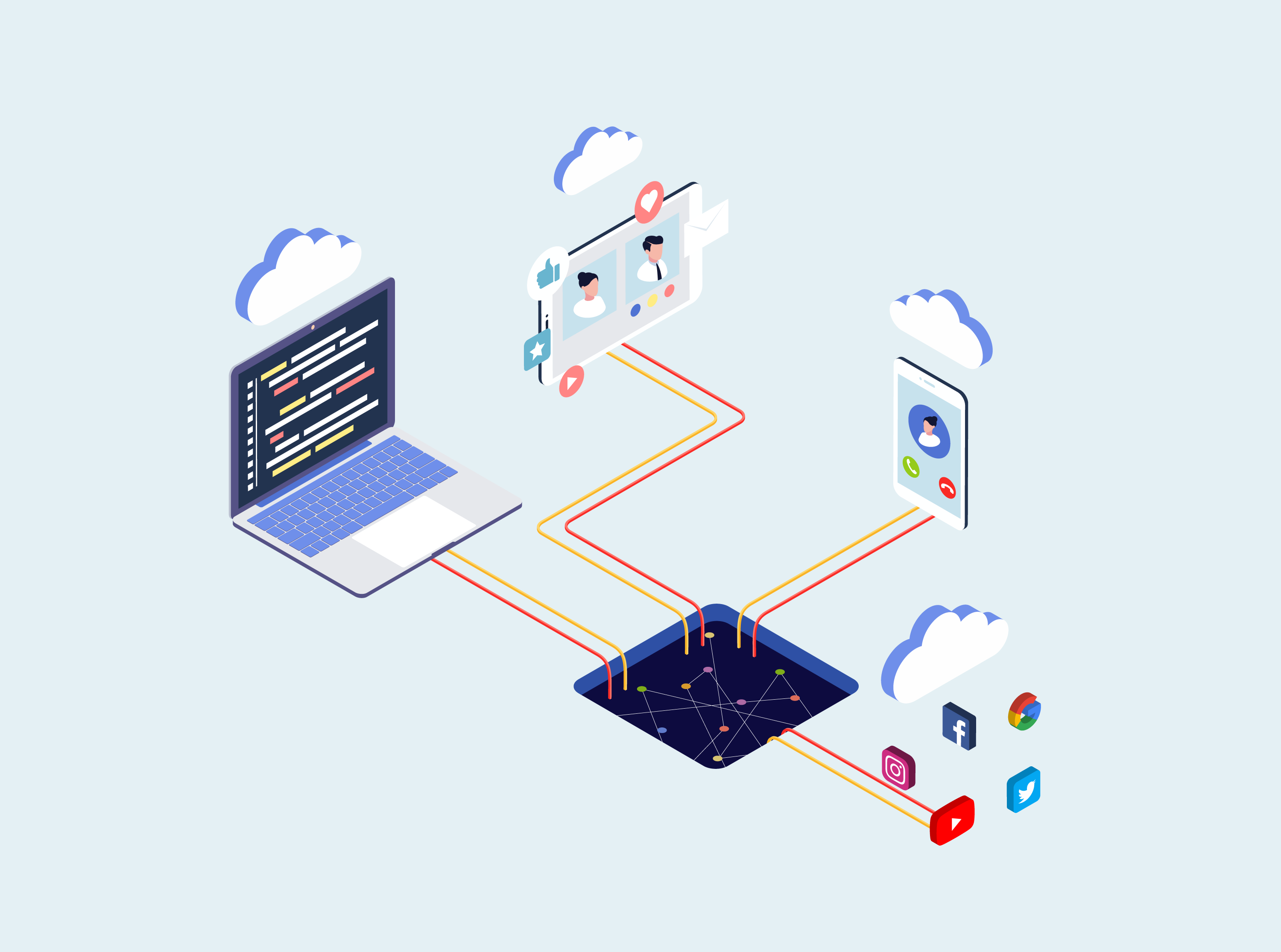 Isometric diagram of cloud services network for small business